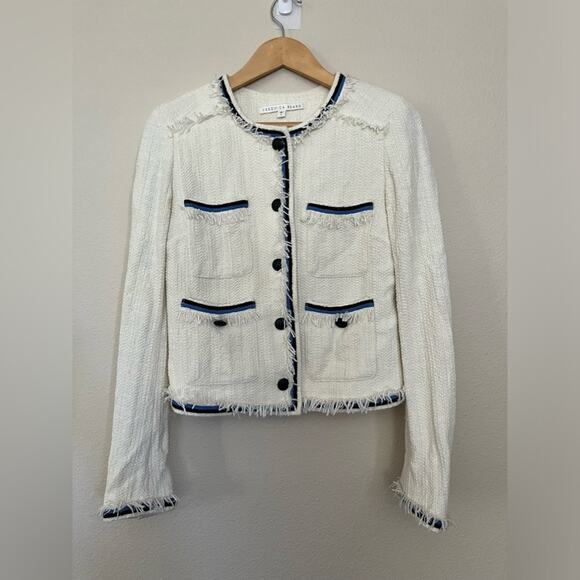 RARE Veronica Beard Eclipse Fringe Trim Jacket Ivory Black Blue Trim Spring Sz 8 - Picture 1 of 12